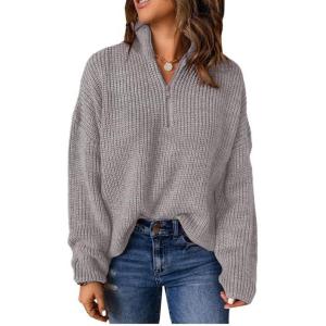 imageEVALESS Quarter Zip Sweaters for Women Waffle Kint Long Sleeve Pullover Sweater Business Casual OutfitsGray