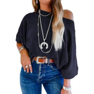 imageEVALESS Sexy Off The Shoulder Tops for Women 34 Length Sleeve Womens Tops Spring Fall 2025 Boat Neck One Shoulder ShirtsNavy Blue