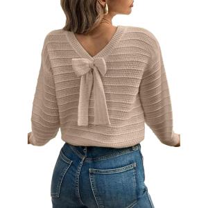 imageEVALESS Sweaters for Women Long Sleeve Fall Outfits 2025 Back Bow Knot Sweaters Round Neck Solid Knit Pullover TopsParchment