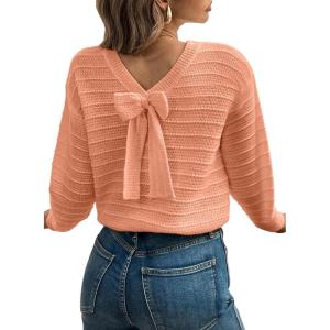 imageEVALESS Sweaters for Women Long Sleeve Fall Outfits 2025 Back Bow Knot Sweaters Round Neck Solid Knit Pullover TopsPeach