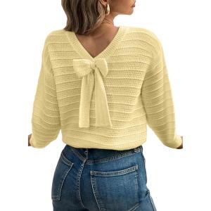 imageEVALESS Sweaters for Women Long Sleeve Fall Outfits 2025 Back Bow Knot Sweaters Round Neck Solid Knit Pullover TopsYellow