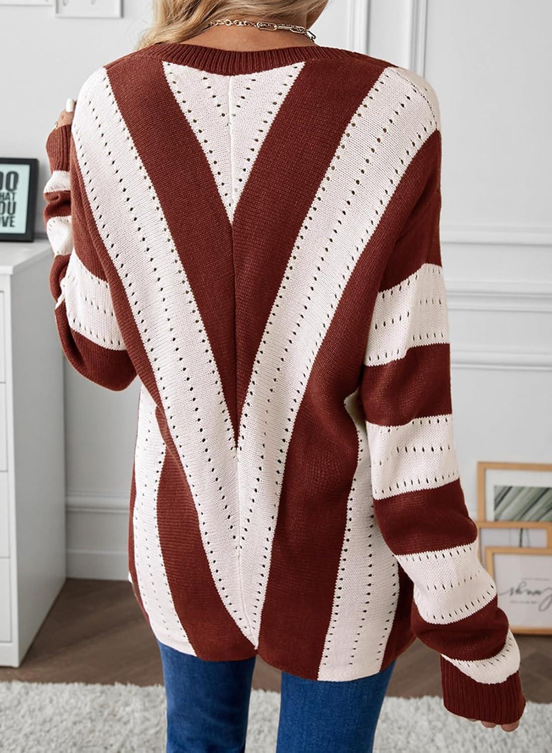 imageEVALESS Sweaters for Women Sleeve Sexy Deep V Neck Casual Knit Striped Pullover SweaterA Brown