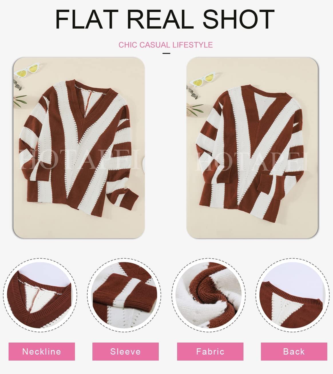 imageEVALESS Sweaters for Women Sleeve Sexy Deep V Neck Casual Knit Striped Pullover SweaterA Brown