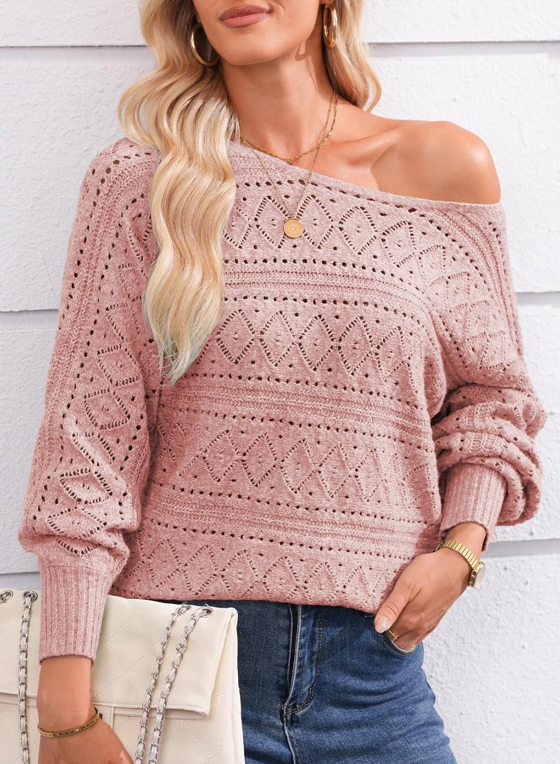 imageEVALESS Womens Crochet Boat Neck Long Sleeve Loose Fit Sweaters Fall Winter Clothes for Women Fashion 2025Pink