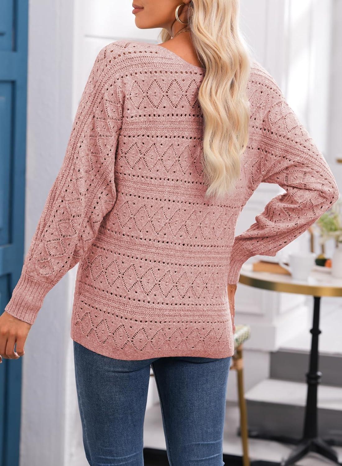 imageEVALESS Womens Crochet Boat Neck Long Sleeve Loose Fit Sweaters Fall Winter Clothes for Women Fashion 2025Pink