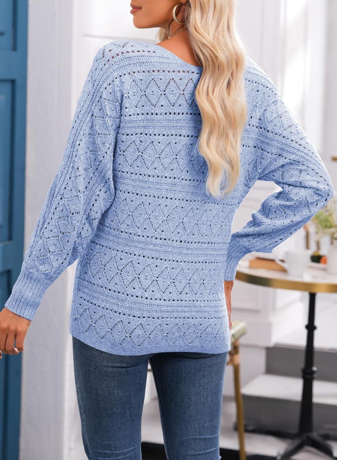 imageEVALESS Womens Crochet Boat Neck Long Sleeve Loose Fit Sweaters Fall Winter Clothes for Women Fashion 2025Sky Blue