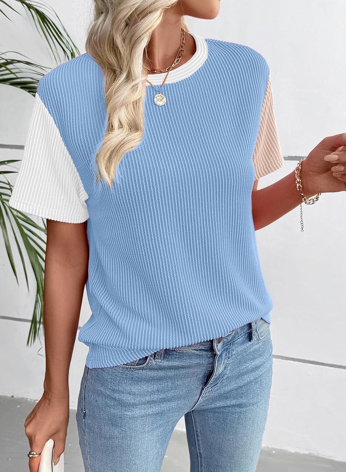 imageEVALESS Womens Short Sleeve Knit T Shirts Multicolour Ribbed Color Block Crewneck Tee Blouses Trendy Spring TopsBlue