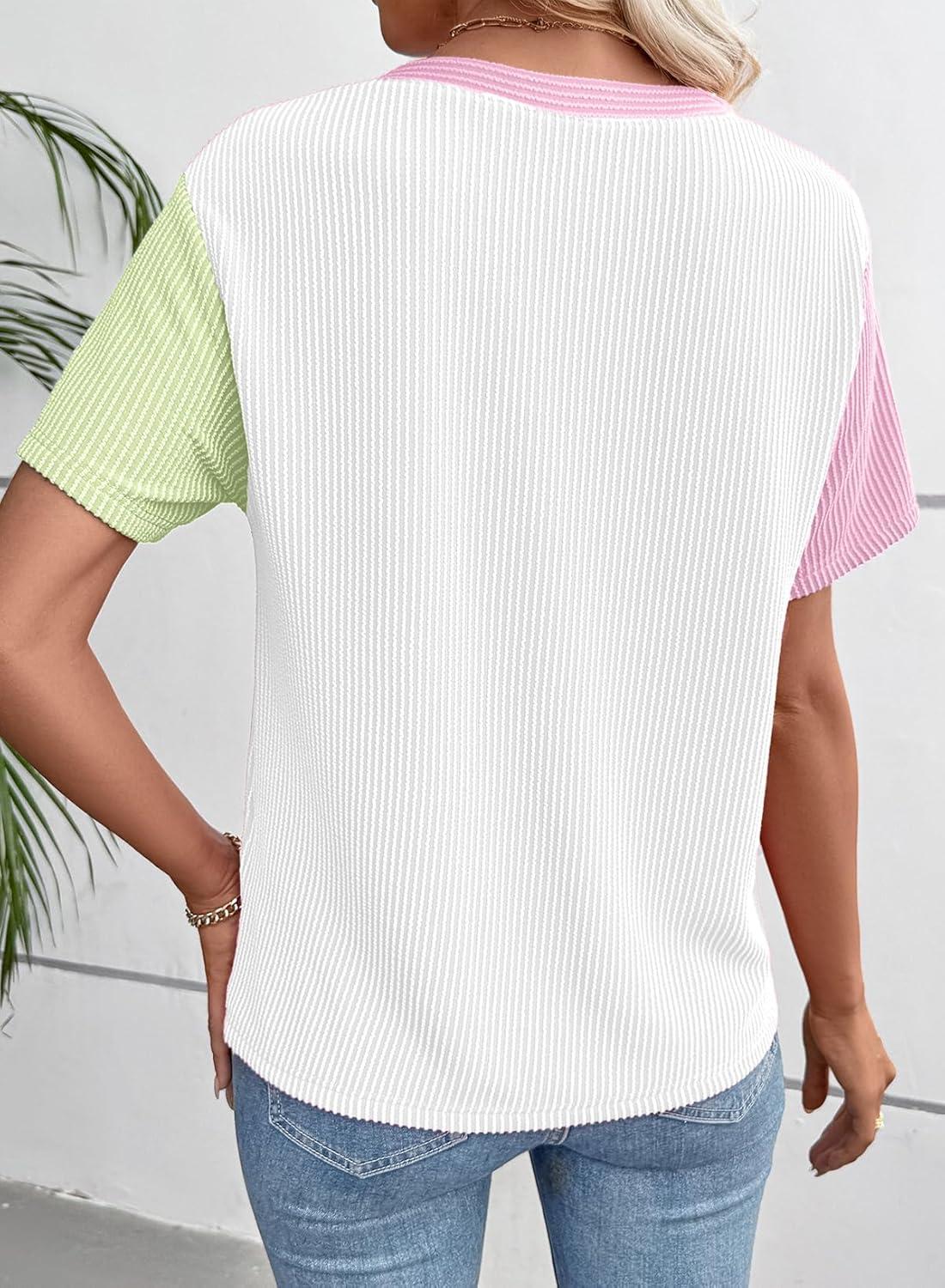 imageEVALESS Womens Short Sleeve Knit T Shirts Multicolour Ribbed Color Block Crewneck Tee Blouses Trendy Spring TopsWhite