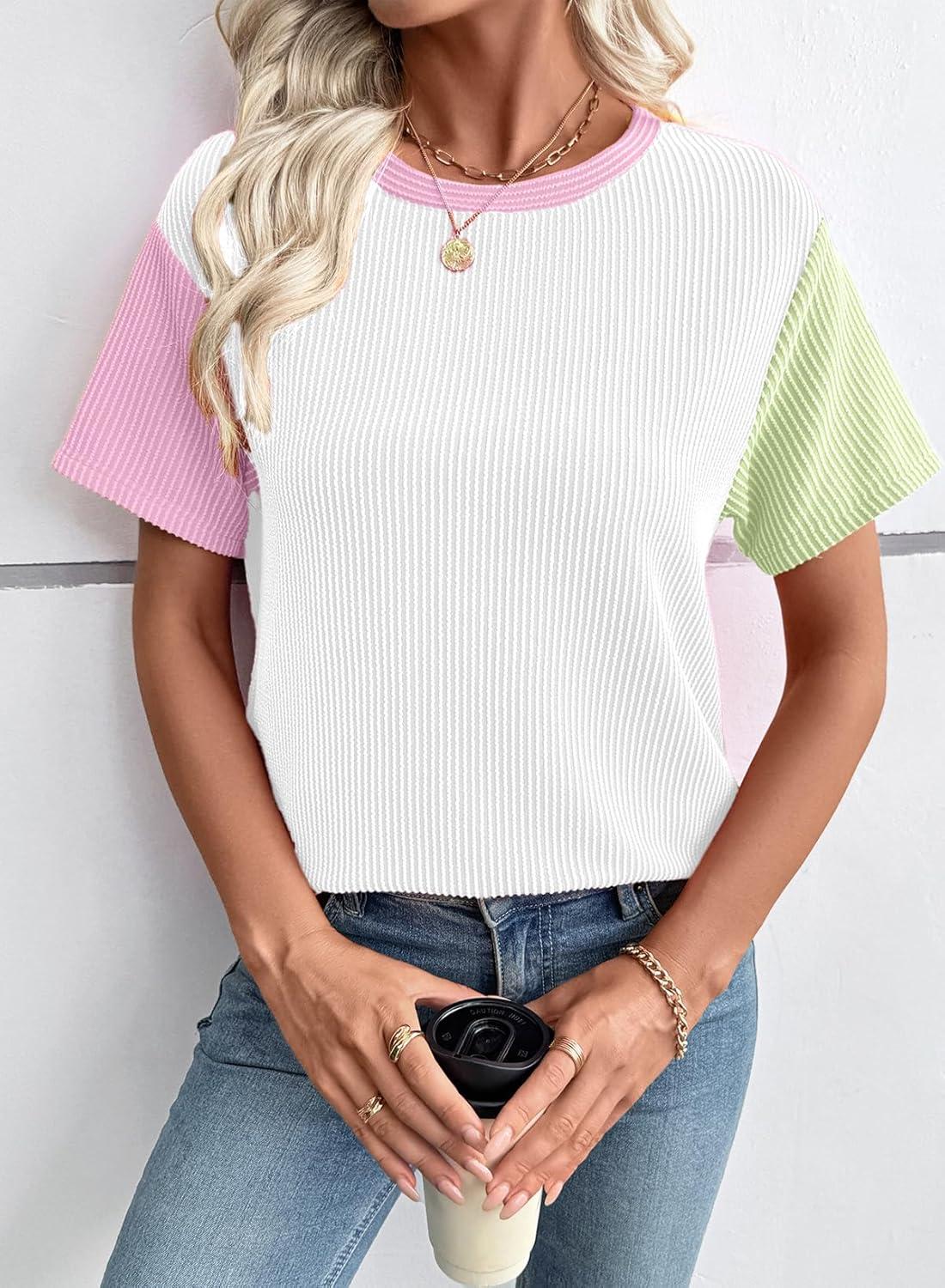 imageEVALESS Womens Short Sleeve Knit T Shirts Multicolour Ribbed Color Block Crewneck Tee Blouses Trendy Spring TopsWhite