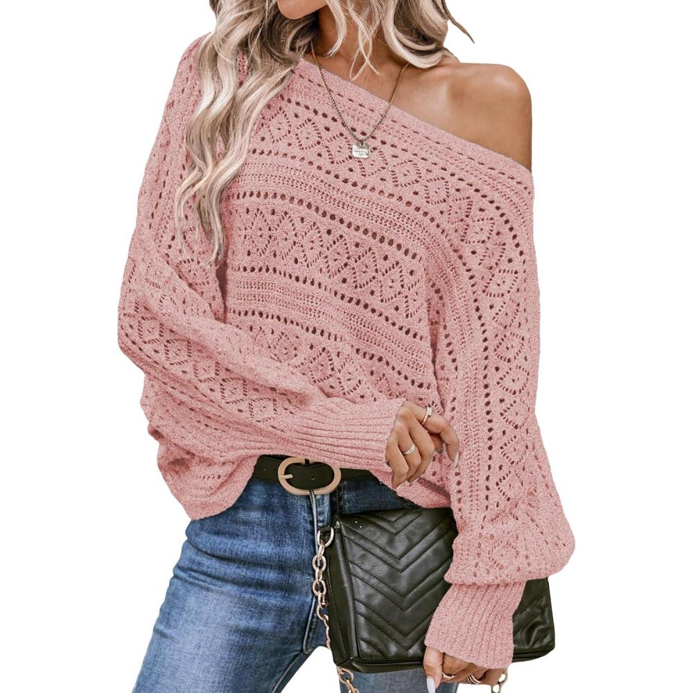 imageEVALESS Womens Crochet Boat Neck Long Sleeve Loose Fit Sweaters Fall Winter Clothes for Women Fashion 2025Pink