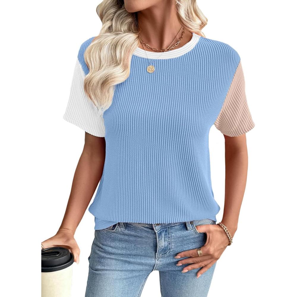 imageEVALESS Womens Short Sleeve Knit T Shirts Multicolour Ribbed Color Block Crewneck Tee Blouses Trendy Spring TopsBlue