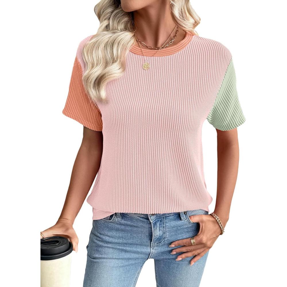 imageEVALESS Womens Short Sleeve Knit T Shirts Multicolour Ribbed Color Block Crewneck Tee Blouses Trendy Spring TopsPink