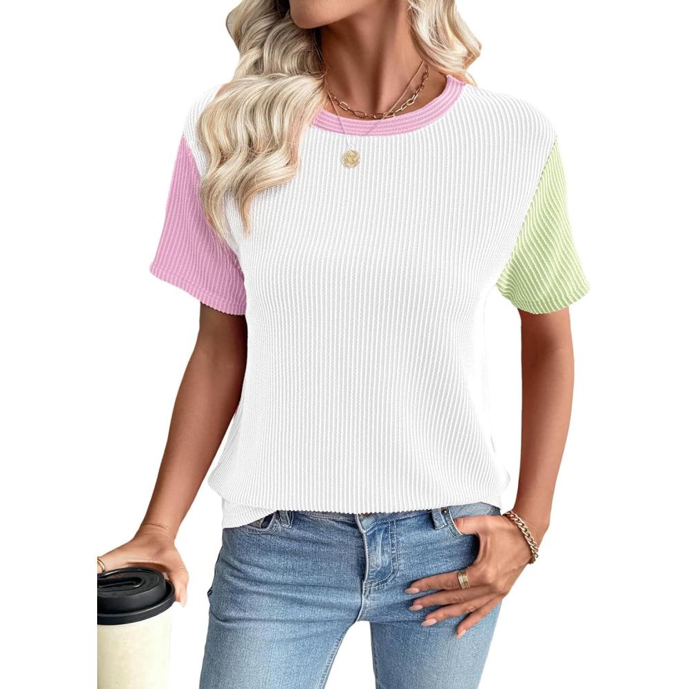 imageEVALESS Womens Short Sleeve Knit T Shirts Multicolour Ribbed Color Block Crewneck Tee Blouses Trendy Spring TopsWhite