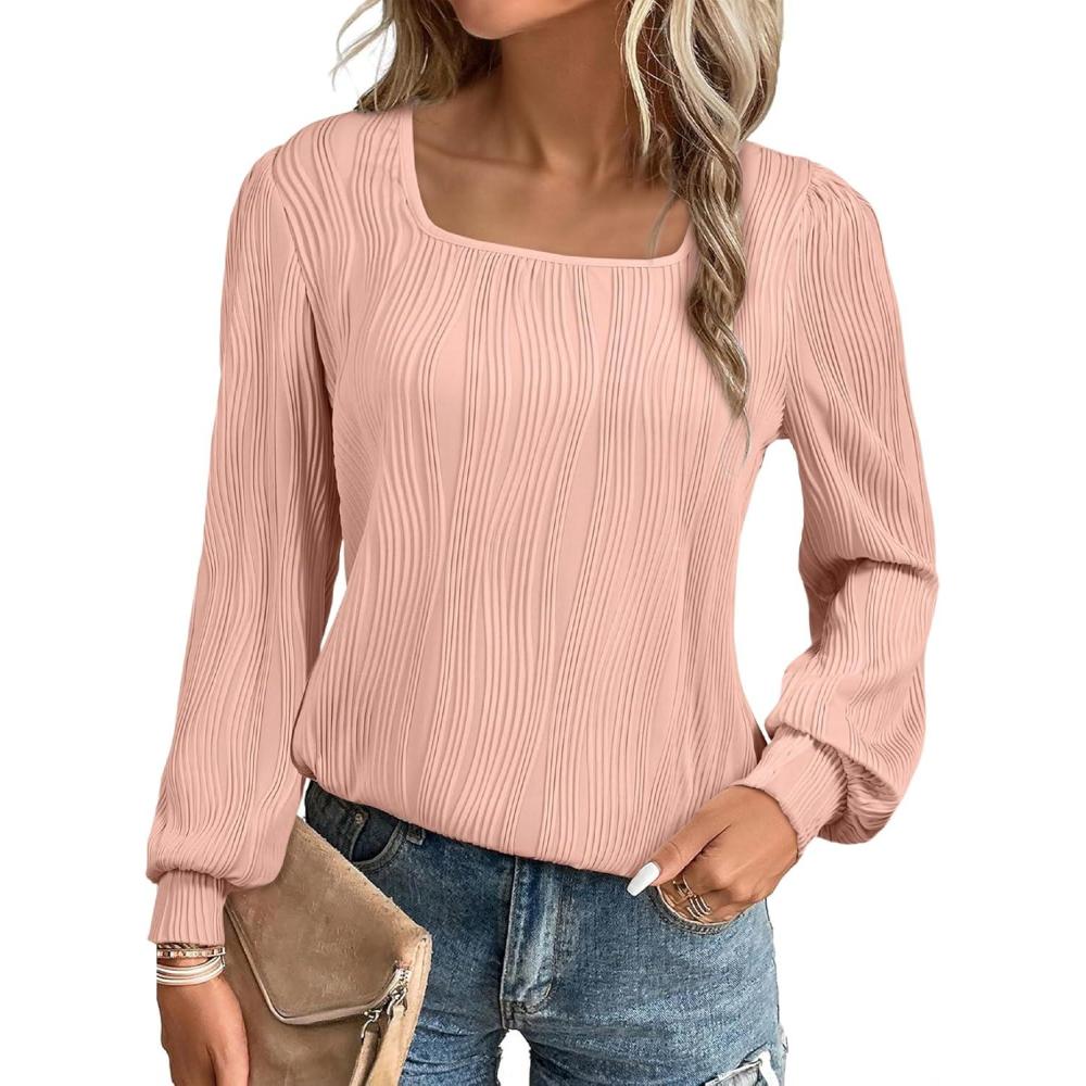 imageEVALESS Womens Square Neck Long Sleeve Textured Tops Casual Loose Basic T Shirts Work BlousesPink