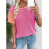 imageEVALESS Womens Short Sleeve Knit T Shirts Multicolour Ribbed Color Block Crewneck Tee Blouses Trendy Spring TopsRose Red