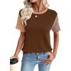 imageEVALESS Womens Short Sleeve Knit T Shirts Multicolour Ribbed Color Block Crewneck Tee Blouses Trendy Spring TopsBrown