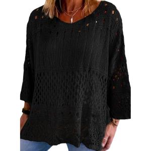 imageEVALESS Womens Lightweight Sweaters Crochet Hollow Out Knit Tops 34 Sleeve Beach Vacation Clothes for Women Trendy 2026Black