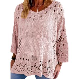 imageEVALESS Womens Lightweight Sweaters Crochet Hollow Out Knit Tops 34 Sleeve Beach Vacation Clothes for Women Trendy 2026Pink