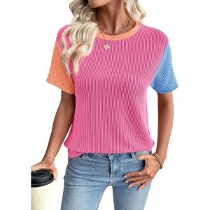 imageEVALESS Womens Short Sleeve Knit T Shirts Multicolour Ribbed Color Block Crewneck Tee Blouses Trendy Spring TopsRose Red