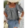 imageEVALESS Womens Plaid Shirt Dressy Casual Square Neck Tops 2026 Fashion Summer Puff Short Sleeve Loose Gingham BlousesBlack