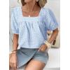 imageEVALESS Womens Plaid Shirt Dressy Casual Square Neck Tops 2026 Fashion Summer Puff Short Sleeve Loose Gingham BlousesBlue