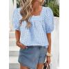 imageEVALESS Womens Plaid Shirt Dressy Casual Square Neck Tops 2026 Fashion Summer Puff Short Sleeve Loose Gingham BlousesBlue