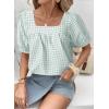 imageEVALESS Womens Plaid Shirt Dressy Casual Square Neck Tops 2026 Fashion Summer Puff Short Sleeve Loose Gingham BlousesClearly Aqua