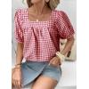 imageEVALESS Womens Plaid Shirt Dressy Casual Square Neck Tops 2026 Fashion Summer Puff Short Sleeve Loose Gingham BlousesRed