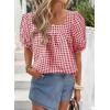 imageEVALESS Womens Plaid Shirt Dressy Casual Square Neck Tops 2026 Fashion Summer Puff Short Sleeve Loose Gingham BlousesRed