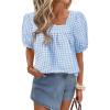 imageEVALESS Womens Plaid Shirt Dressy Casual Square Neck Tops 2026 Fashion Summer Puff Short Sleeve Loose Gingham BlousesBlue