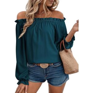 imageEVALESS Country Concert Outfits Off The Shoulder Tops for Women Cute Puff Sleeve T Shirts Womens Fashion Clothing 2025Azure