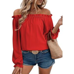 imageEVALESS Country Concert Outfits Off The Shoulder Tops for Women Cute Puff Sleeve T Shirts Womens Fashion Clothing 2025Fiery Red
