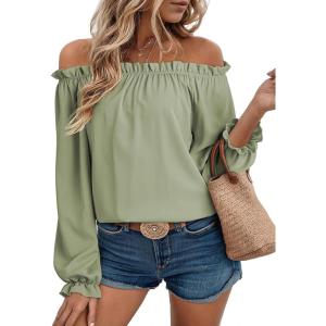 imageEVALESS Country Concert Outfits Off The Shoulder Tops for Women Cute Puff Sleeve T Shirts Womens Fashion Clothing 2025Grass Green