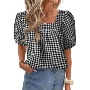 imageEVALESS Womens Plaid Shirt Dressy Casual Square Neck Tops 2026 Fashion Summer Puff Short Sleeve Loose Gingham BlousesBlack