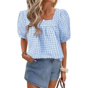 imageEVALESS Womens Plaid Shirt Dressy Casual Square Neck Tops 2026 Fashion Summer Puff Short Sleeve Loose Gingham BlousesBlue