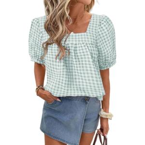 imageEVALESS Womens Plaid Shirt Dressy Casual Square Neck Tops 2026 Fashion Summer Puff Short Sleeve Loose Gingham BlousesClearly Aqua