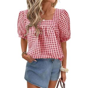 imageEVALESS Womens Plaid Shirt Dressy Casual Square Neck Tops 2026 Fashion Summer Puff Short Sleeve Loose Gingham BlousesRed