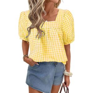 imageEVALESS Womens Plaid Shirt Dressy Casual Square Neck Tops 2026 Fashion Summer Puff Short Sleeve Loose Gingham BlousesYellow