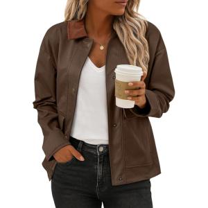 imageEVALESS Jackets for Women Fashion 2025 Fall Outfits Business Casual Womens Winter Clothes Cropped Coat Classic Denim Jacket Lightweight Long Sleeve Button Down Brown Jacket with Pockets Small