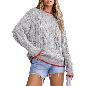 imageEVALESS Sweaters for Women Trendy Crewneck Long Sleeve Color Block Sweater Tops Fall 2025 Chunky Cable Knit Pullover SweatersMedium Grey