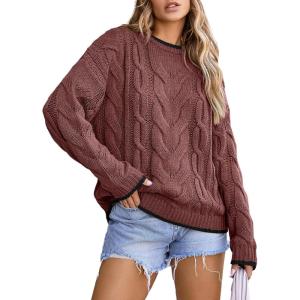 imageEVALESS Sweaters for Women Trendy Crewneck Long Sleeve Color Block Sweater Tops Fall 2025 Chunky Cable Knit Pullover SweatersMineral Red