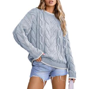 imageEVALESS Sweaters for Women Trendy Crewneck Long Sleeve Color Block Sweater Tops Fall 2025 Chunky Cable Knit Pullover SweatersSky Blue