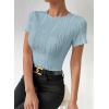 imageEVALESS Womens Spring Summer Trendy Dressy Casual Textured Tops Blouses 2025 Fashion Crewneck Cute Solid Slim Fit Work Business Short Sleeve T ShirtsMist Blue Small