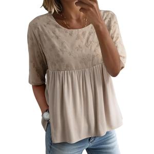 imageEVALESS Womens Spring Summer Tops Casual Crewneck Half Sleeve Shirts Blouses Cute Floral Embroidered Boho Babydoll TopsBeige
