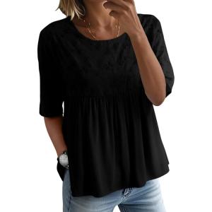 imageEVALESS Womens Spring Summer Tops Casual Crewneck Half Sleeve Shirts Blouses Cute Floral Embroidered Boho Babydoll TopsBlack