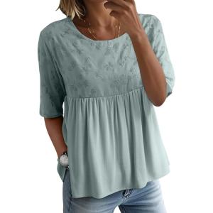 imageEVALESS Womens Spring Summer Tops Casual Crewneck Half Sleeve Shirts Blouses Cute Floral Embroidered Boho Babydoll TopsIceland Blue