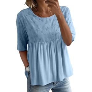 imageEVALESS Womens Spring Summer Tops Casual Crewneck Half Sleeve Shirts Blouses Cute Floral Embroidered Boho Babydoll TopsLight Blue