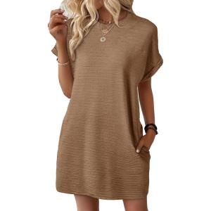 imageEVALESS Womens Summer Dresses 2026 Fashion Short Sleeve Cute Spring Mini Dress Crewneck Casual Beach Vacation DressesZ Light French Beige
