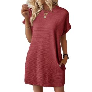 imageEVALESS Womens Summer Dresses 2026 Fashion Short Sleeve Cute Spring Mini Dress Crewneck Casual Beach Vacation DressesZ Racing Red