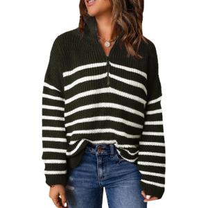 imageEVALESS Quarter Zip Sweaters for Women Waffle Kint Long Sleeve Pullover Sweater Business Casual OutfitsC Stripe Black